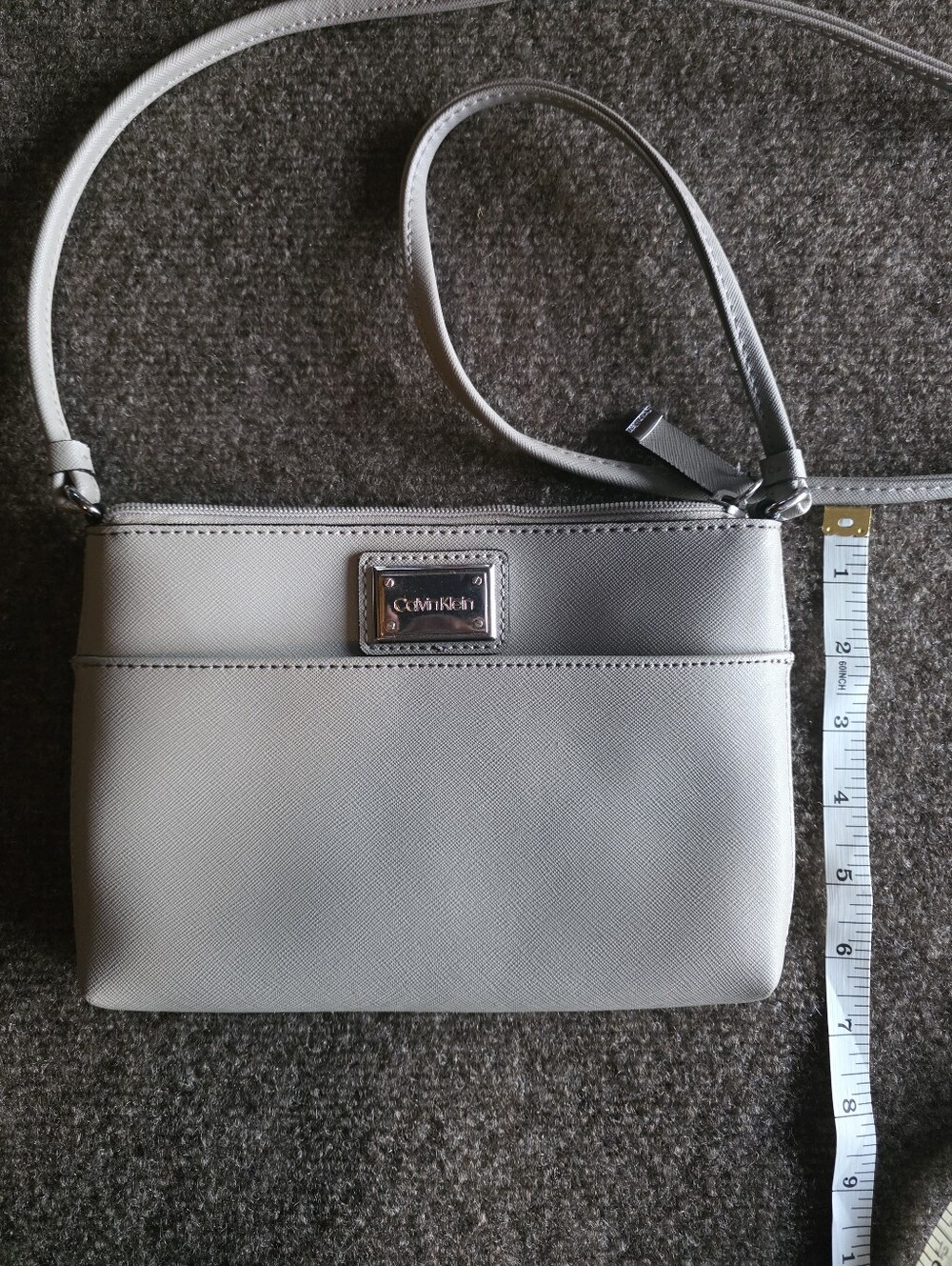 Calvin Klein Taupe Saffiano Crossbody Bag Purse Neutral Grey Silver Hardware